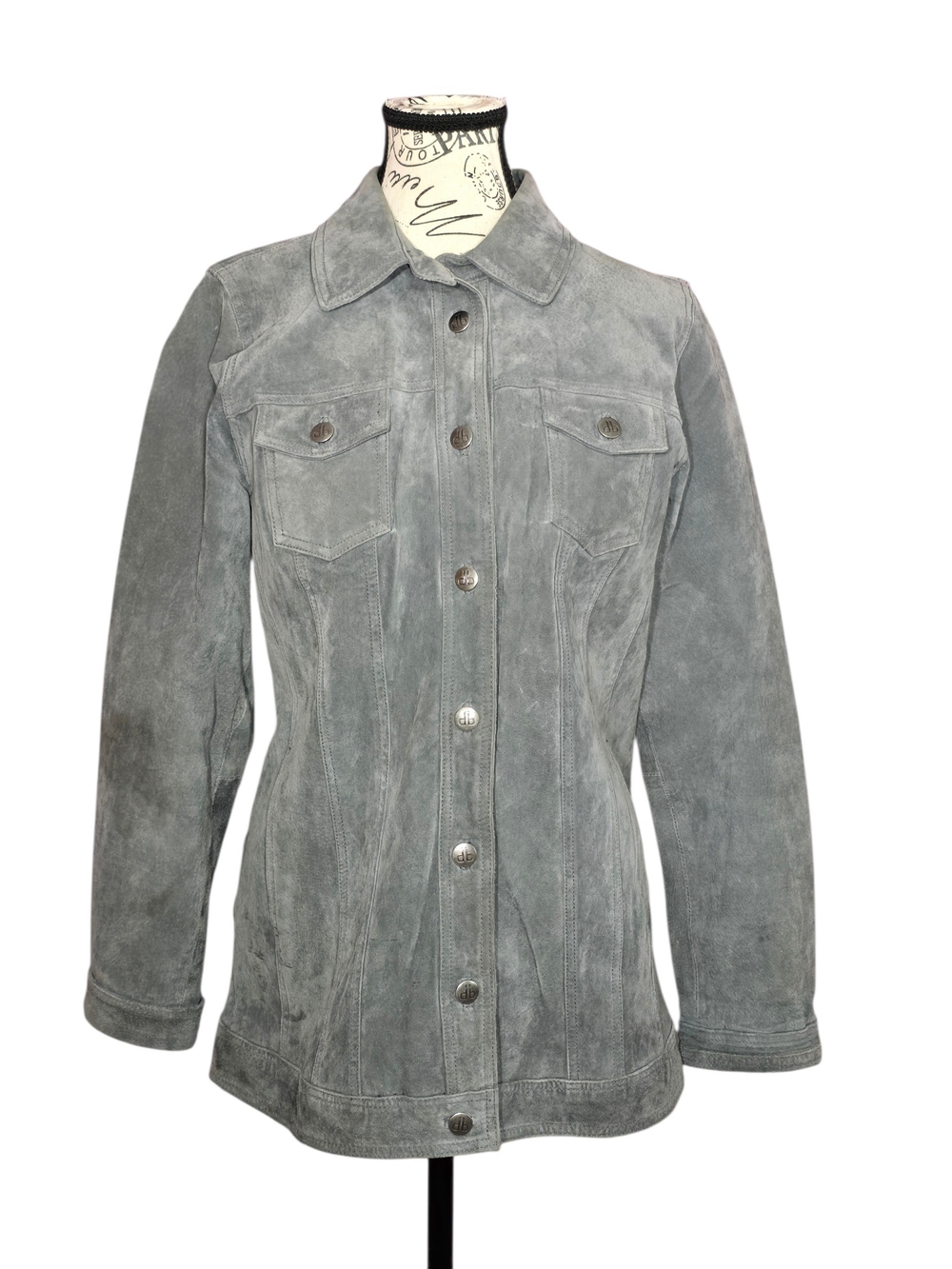 Dennis Basso Grey Leather Suede Button-Front Boyfriend Jean Jacket S